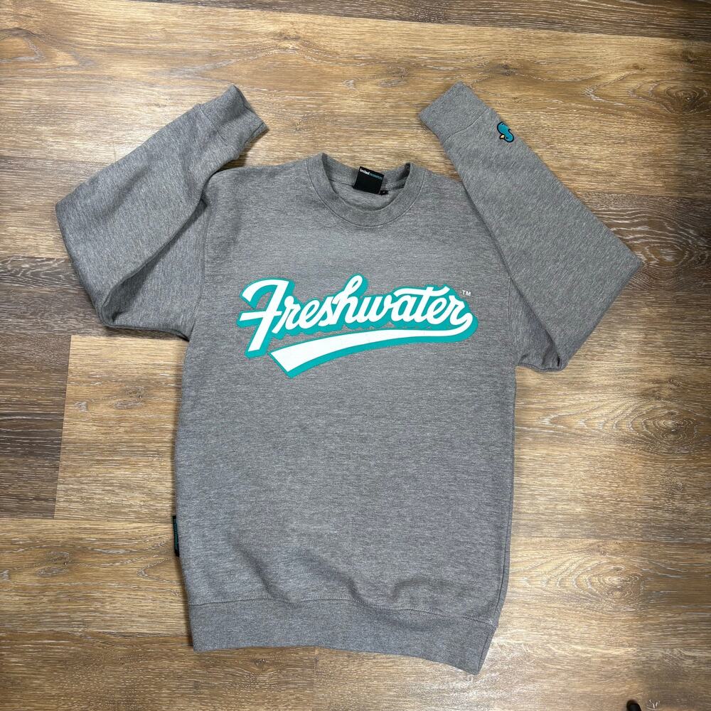 Freshwater Mens Crewneck Sweatshirt Gray Teal Duck On Sleeve Size Small